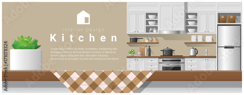 Interior design with table top and Modern kitchen background , vector , illustration