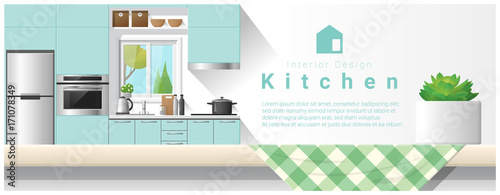 Interior design with table top and Modern kitchen background , vector , illustration