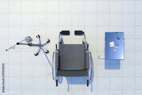 wheelchair with a dropper and medicines