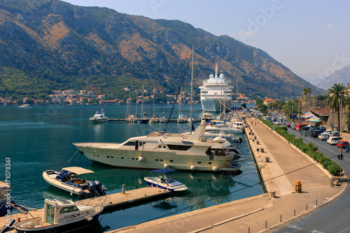 Yachts at the embankment of Kotor city, Montenegro - August 2017