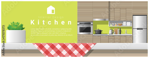 Interior design with table top and Modern kitchen background , vector , illustration