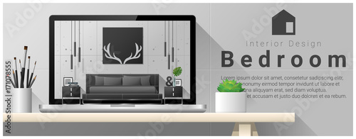 Modern bedroom interior design background , vector , illustration