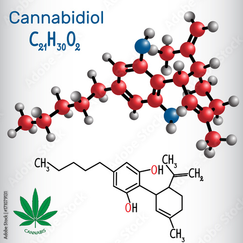 Cannabidiol (CBD) - structural chemical formula and molecule model. Active cannabinoid in cannabis, has antipsychotic effects