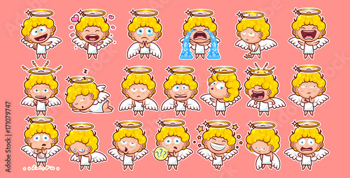 Set kit collection sticker emoji emoticon emotion vector isolated illustration happy character sweet divine entity cute heavenly angel, saint spirit, wings, radiant halo