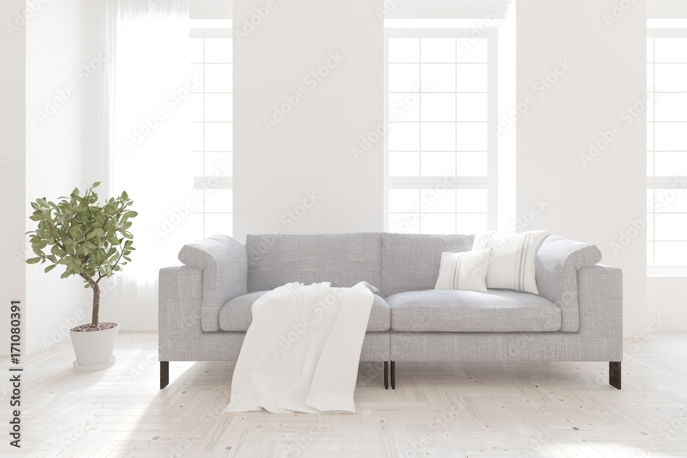 Idea of white minimalist room with sofa. Scandinavian interior design. 3D illustration Idea of white minimalist room with sofa. Scandinavian interior design. 3D illustration