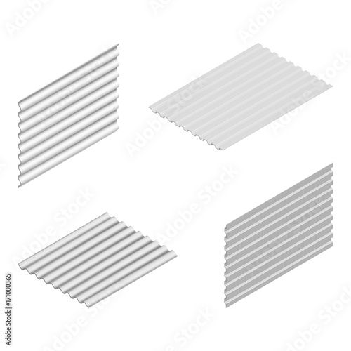 Sheet of wave slate and steel profile in isometric, vector illustration.