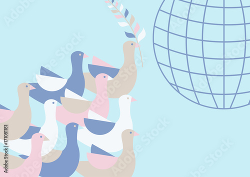 Pigeons flying in the sky above the ground. An olive branch in the beak of a bird. Model of the planet Earth. Vector illustration in a flat design.