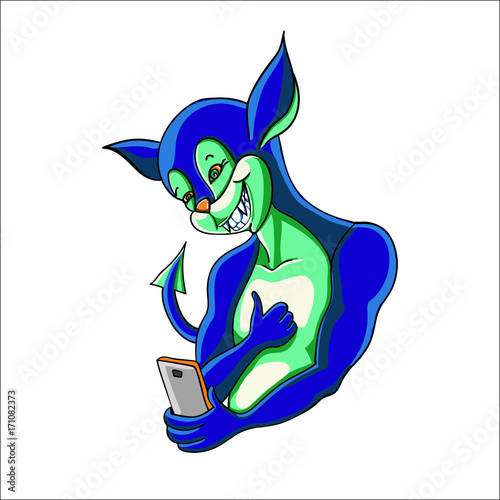 An alien with big ears and a Hollywood smile makes selfie on the phone. He likes to see photos.