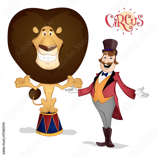 Circus tamer and lion posing