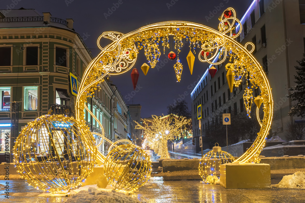 Christmas in Moscow. Festive decoration of the pedestrian street in Moscow