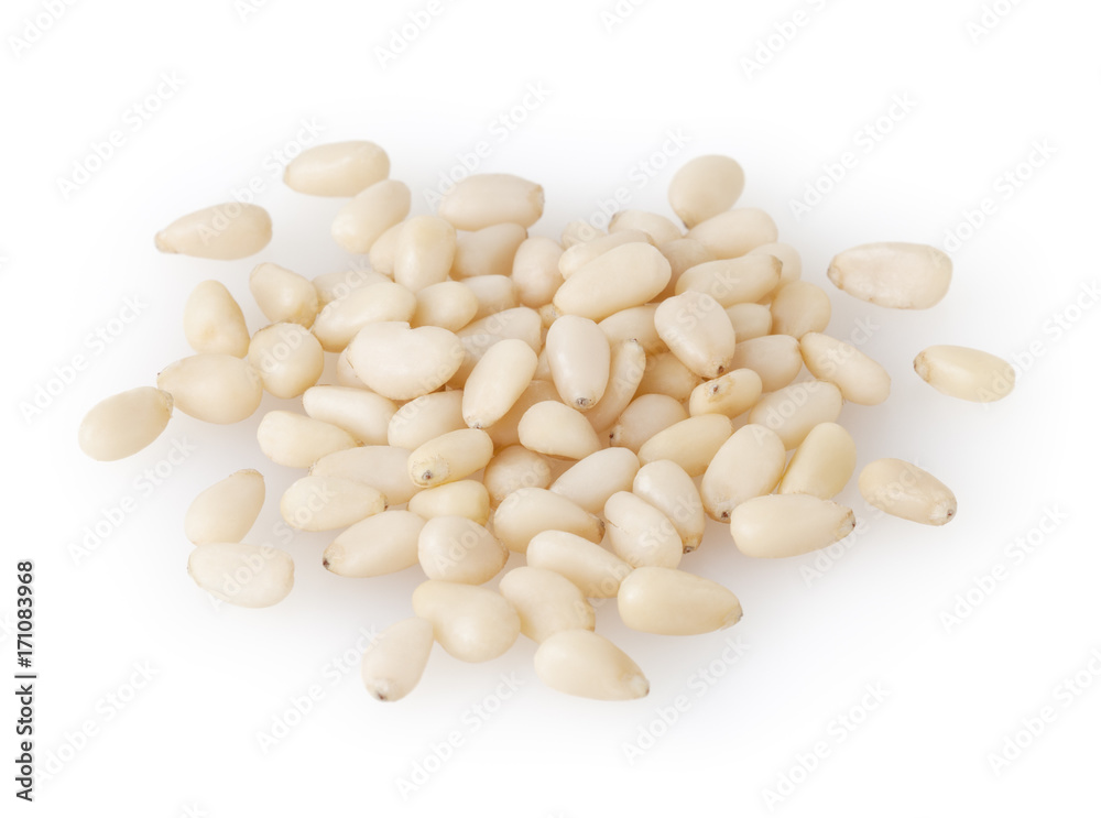 Shelled cedar pine nuts isolated on white background with clipping path Shelled cedar pine nuts isolated on white background with clipping path