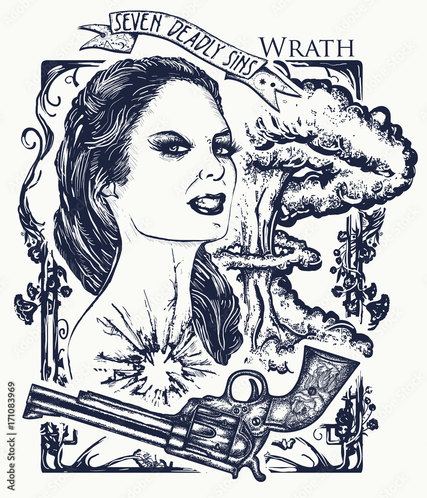 Wrath. Seven deadly sins tattoo and t-shirt design. Angry woman, symbol of  rage, hatred, aggression, seven mortal sins. Wrath sins. Angry girl,  explosion of emotions, violence and hostility tattoo Stock Vector |