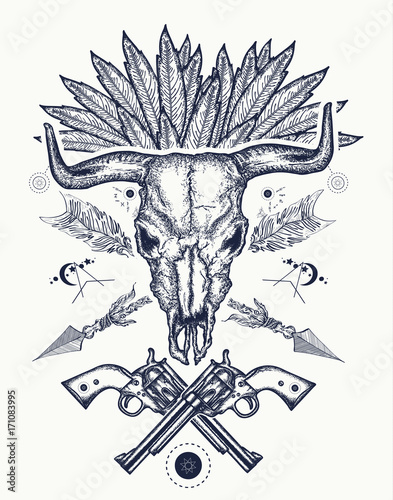 Bull skull tattoo and t-shirt design. Wild west tattoo, Bison skull, crossed revolvers. Symbol of a western, Wild West, crime. Wanted t-shirt design