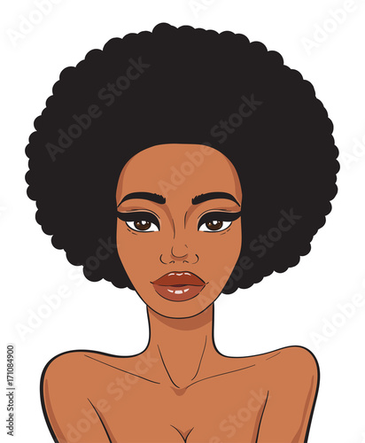 Beautiful african american woman face with afro hair in pop art comics style isolated on white background. Beauty and fashion african girl.