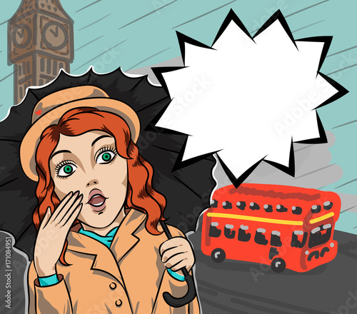 Surprised girl in london under the rain with umbrella and thinking bubble, retro poster in pop art comic style. Woman tourist in United Kingdom.