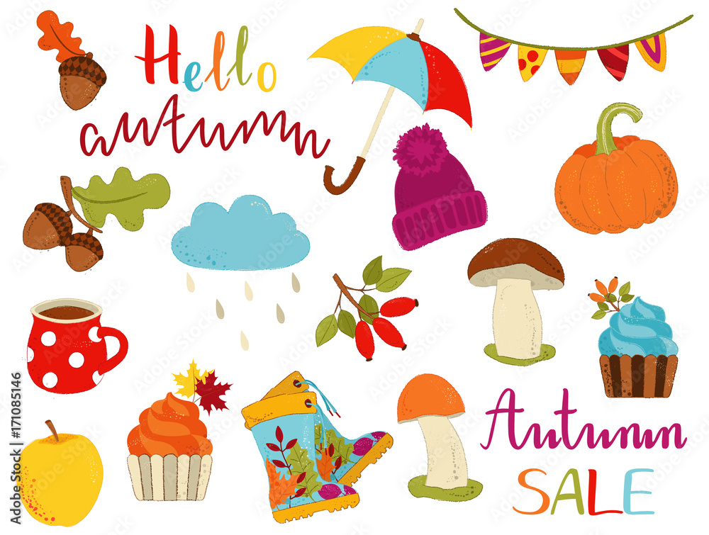 Autumn cartoon plants, food and items set with lettering.