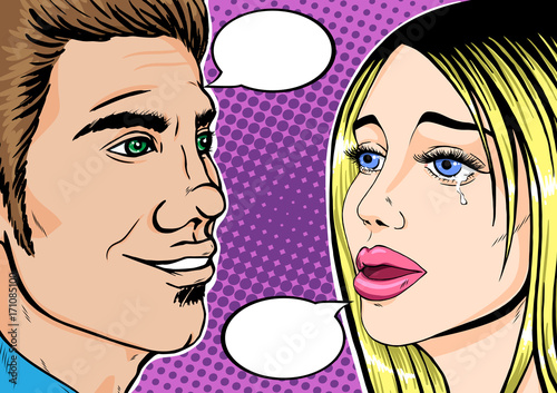 Pop art couple with speech bubbles, retro comic style vector. Man and Woman unrequited love or betrayal or crush concept.