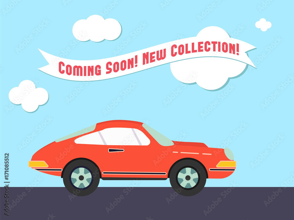 Retro styled sport car with the promo advertisement retro ribbon. Flat design illustration. Perfect for web banners and advertisement. 