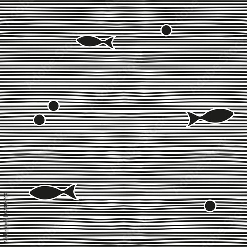 Vector seamless sea pattern with black and white horisontal lines and fishes