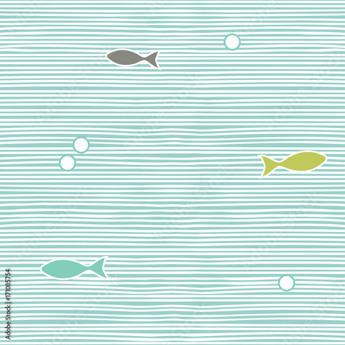 Vector seamless sea pattern with blue and white horisontal lines and fishes