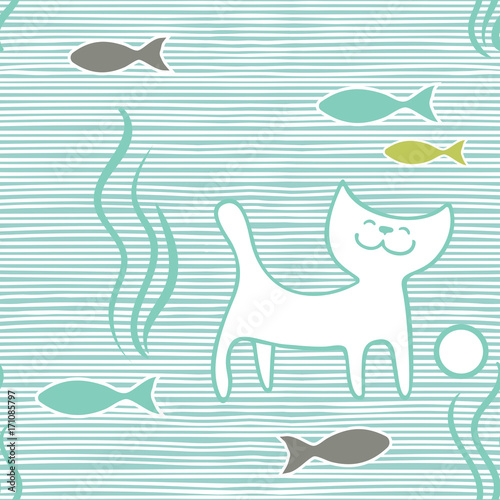 Vector seamless pattern wiht hand drawn cats and fish on horisontal striped background