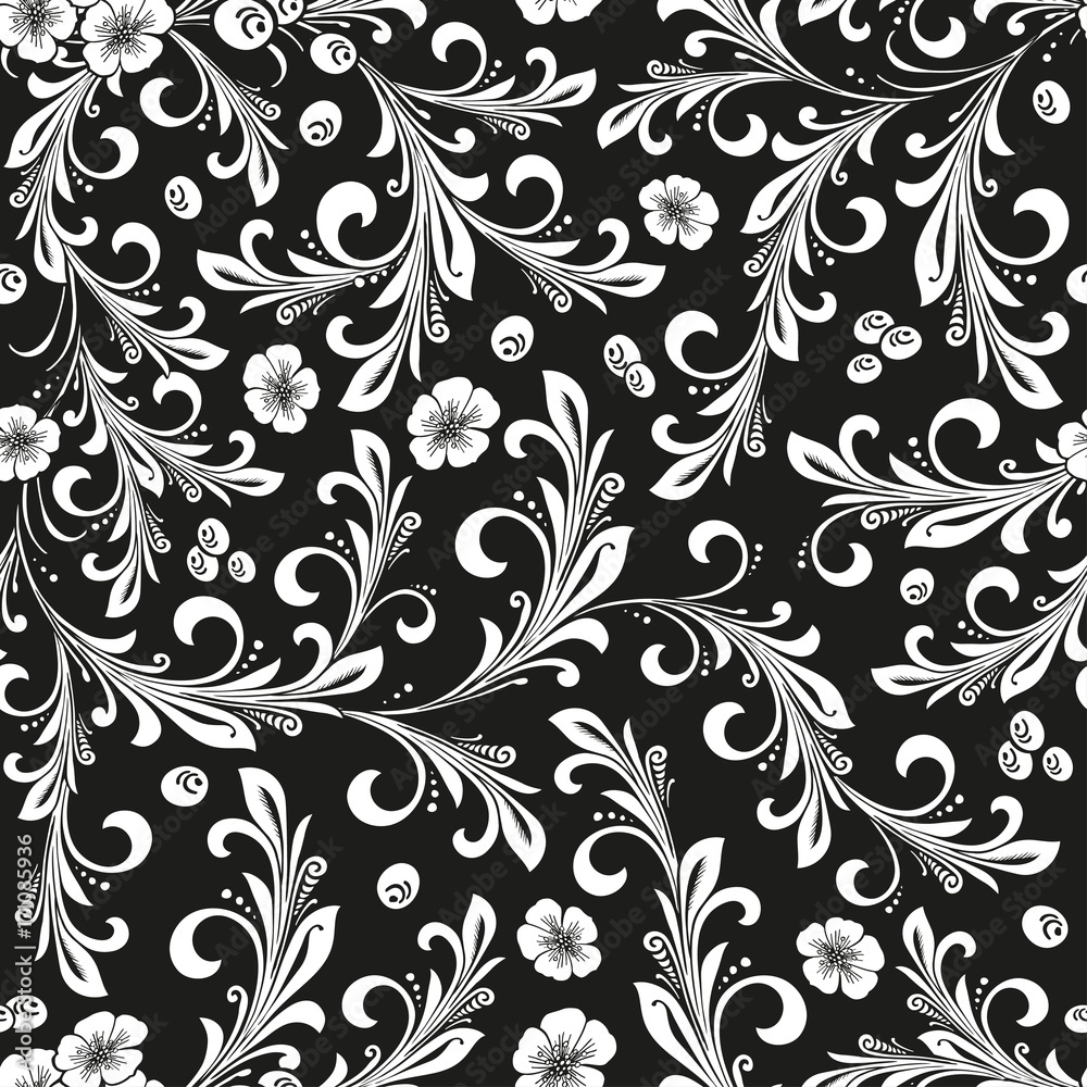 Black and white ornate oriental floral seamless pattern vector. Russian  traditional decoration design. Stock Vector | Adobe Stock