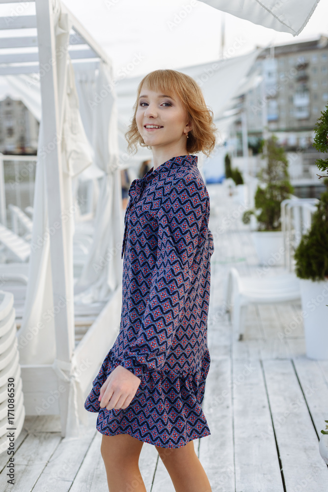 fashion portrait of happy beautiful girl in blue casual blouse fashion portrait of happy beautiful girl in blue casual blouse