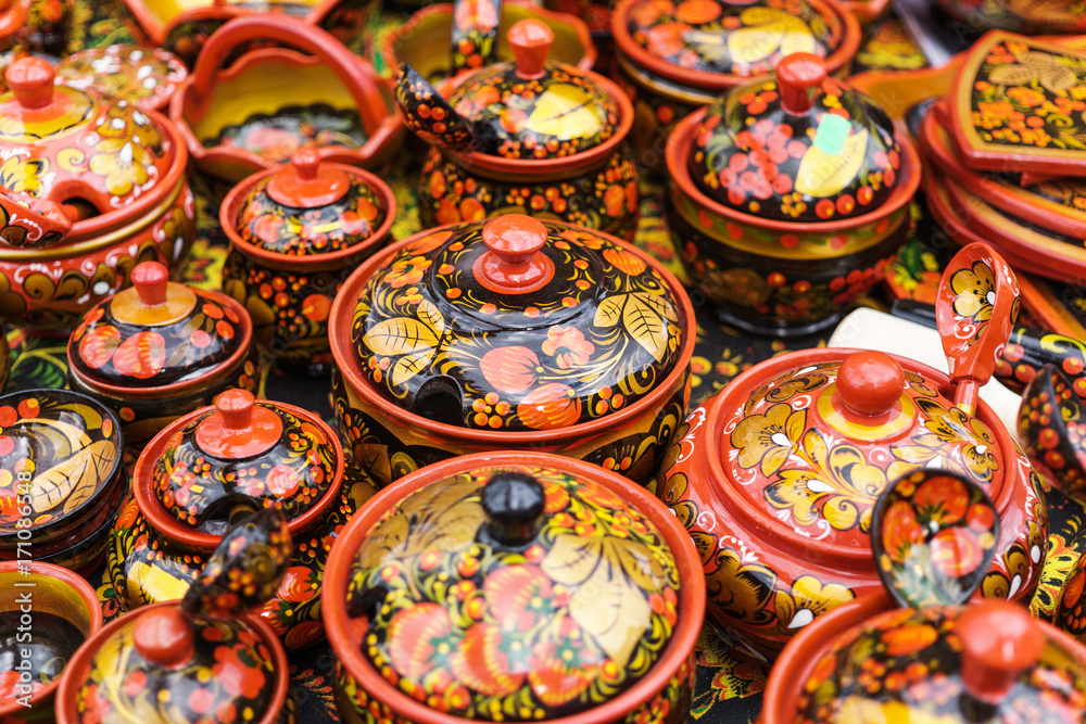 Russian khokhloma, traditional wood painting handicraft souvenirs