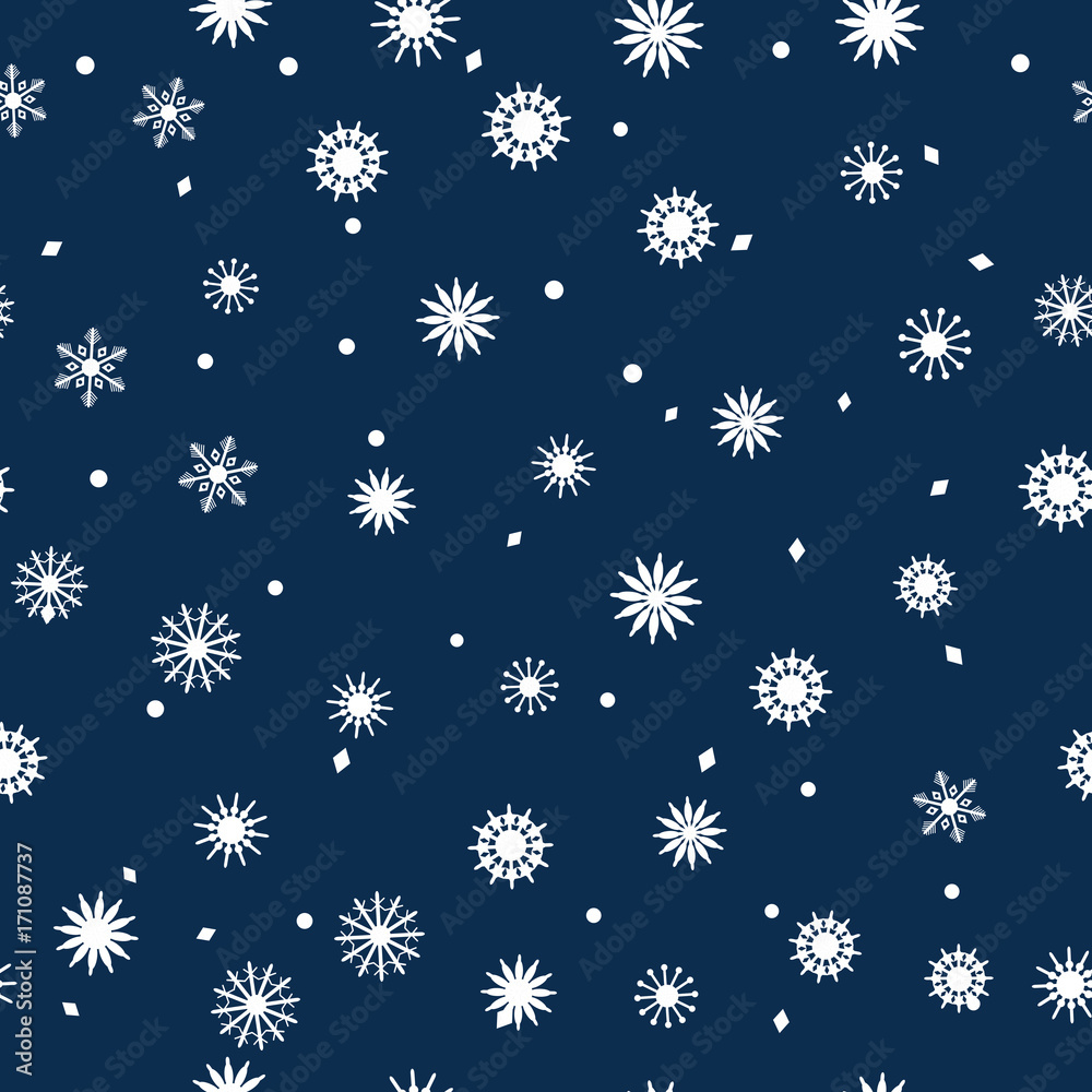 Simple seamless pattern of snowflakes on a dark blue background. Abstract wallpaper, wrapping decoration. Symbol of winter, Merry Christmas holiday, Happy New Year celebration Vector illustration Simple seamless pattern of snowflakes on a dark blue background. Abstract wallpaper, wrapping decoration. Symbol of winter, Merry Christmas holiday, Happy New Year celebration Vector illustration