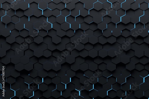Fototapeta Naklejka Na Ścianę i Meble -  Abstract background with black hexagons illuminated from back by blue light. Many randomly arranged hexagonal shapes. 3d illustration. 