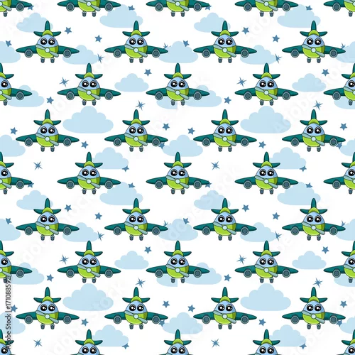 Tapety Śliczne dziecięce wzory dla dziewczynek i chłopców. Kolorowe samoloty na abstrakcyjnym jasnym tle tworzą zabawny rysunek kreskówki. Tło jest w niebieskich kolorach. Tło miejskie dla tkanin i tkanin