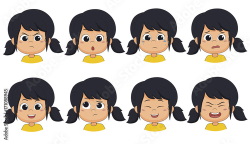 Set of emotion cute girl [angry ,surprised,cry,fear,smile,think,laugh,shout].