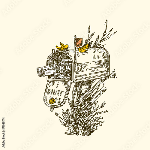 Vintage mailbox with letters and newspapers. Vector illustration
