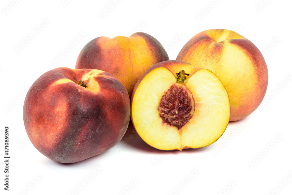 Ripe peaches on white background