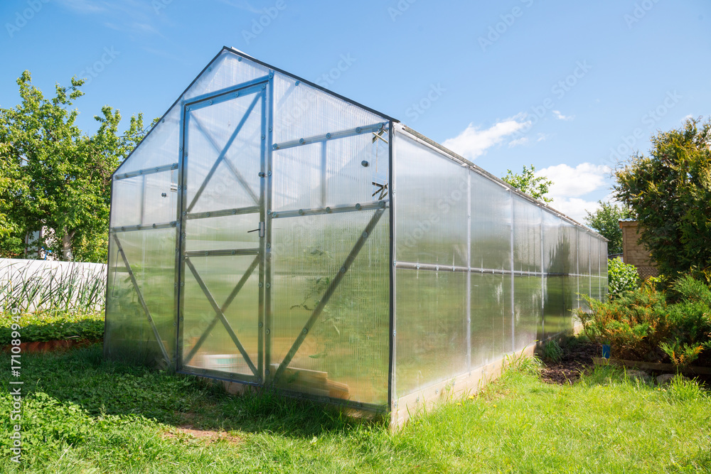 Greenhouse made of polycarbonate with a triangular roof Greenhouse made of polycarbonate with a triangular roof