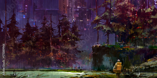 drawn cyberpunk fantasy night landscape with a traveler in the forest
