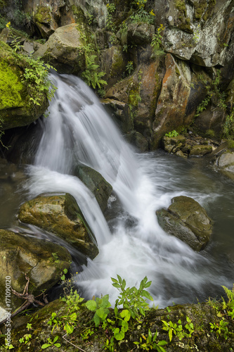 Landscape of the water cascades of a mountain stream. The river flows through mossy rocks surrounded by a beautiful forest.