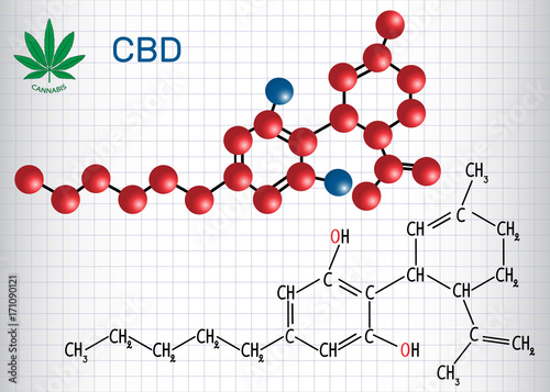 Cannabidiol (CBD) - structural chemical formula and molecule model. Active cannabinoid in cannabis, has antipsychotic effects. Sheet of paper in a cage