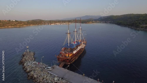 Aerial view of old-time ship on the port