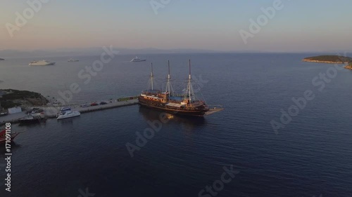 Aerial view of a old ship on sunrise
