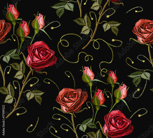 Embroidery red roses vector seamless pattern. Template for clothes, textiles, t-shirt design. Beautiful buds of red roses classical embroidery on black background