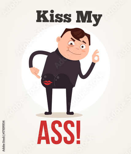 Daring office worker man character showing kiss my ass. Vector flat cartoon illustration