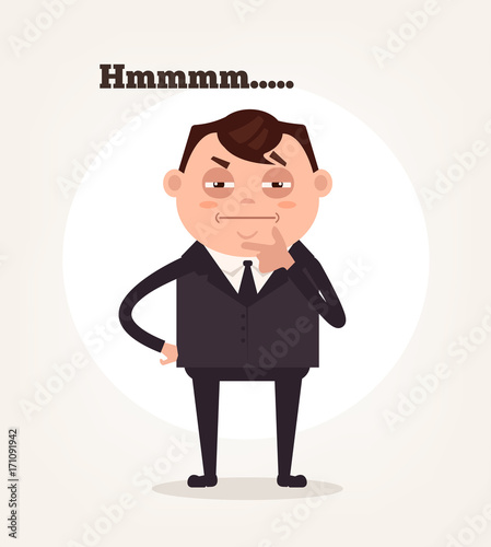 Office worker businessman character suspect and thinking. Vector flat cartoon illustration