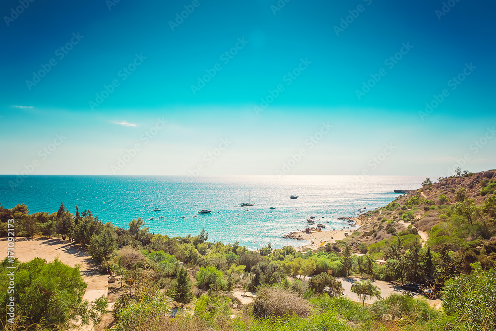 Cyprus Protaras, Konnos beach, view of lagoon Mediterranean Sea from above