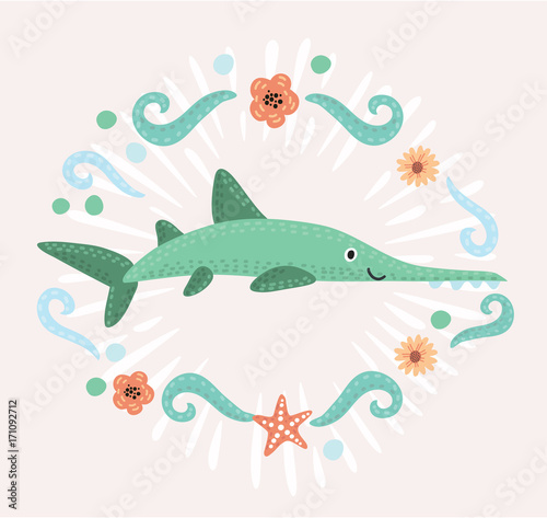 Saw fish marine character vector cartoon illustration