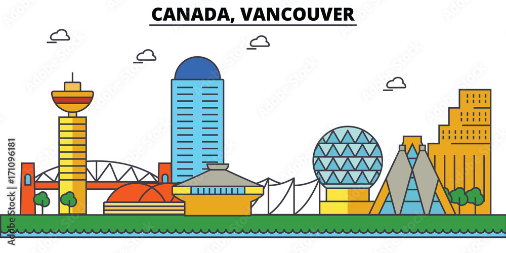 Fototapeta premium Canada, Vancouver. City skyline: architecture, buildings, streets, silhouette, landscape, panorama, landmarks. Editable strokes. Flat design line vector illustration concept. Isolated icons