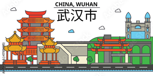 China, Wuhan. City skyline: architecture, buildings, streets, silhouette, landscape, panorama, landmarks. Editable strokes. Flat design line vector illustration concept. Isolated icons