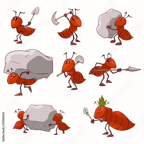 Collection of colorful vector illustrations of cartoon red ant colony