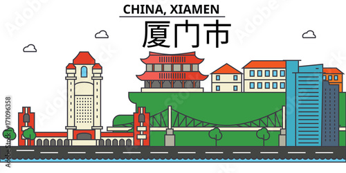 China, Xiamen. City skyline: architecture, buildings, streets, silhouette, landscape, panorama, landmarks. Editable strokes. Flat design line vector illustration concept. Isolated icons