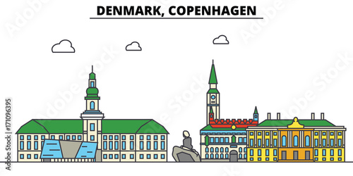 Denmark, Copenhagen. City skyline: architecture, buildings, streets, silhouette, landscape, panorama, landmarks. Editable strokes. Flat design line vector illustration concept. Isolated icons